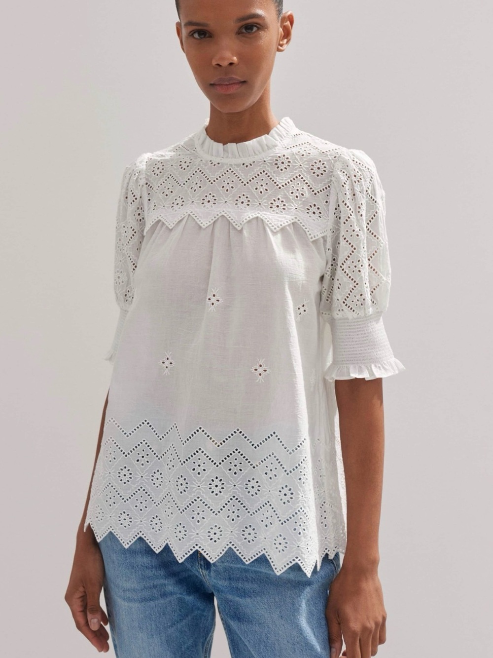 ME+EM White Eyelet Lace Cotton Blouse with Ruffle Neck